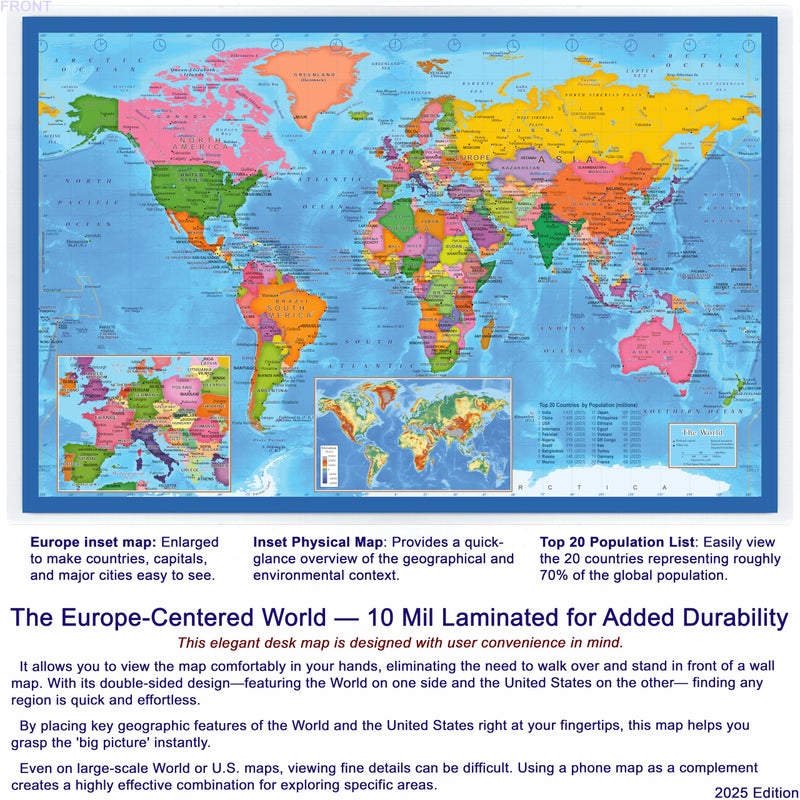 NewSpaceView 2-Sided Desk Map with Durable Lamination (1 Pack: US/Europe Centered World 17.5 x 11.5 inches) - Image 2